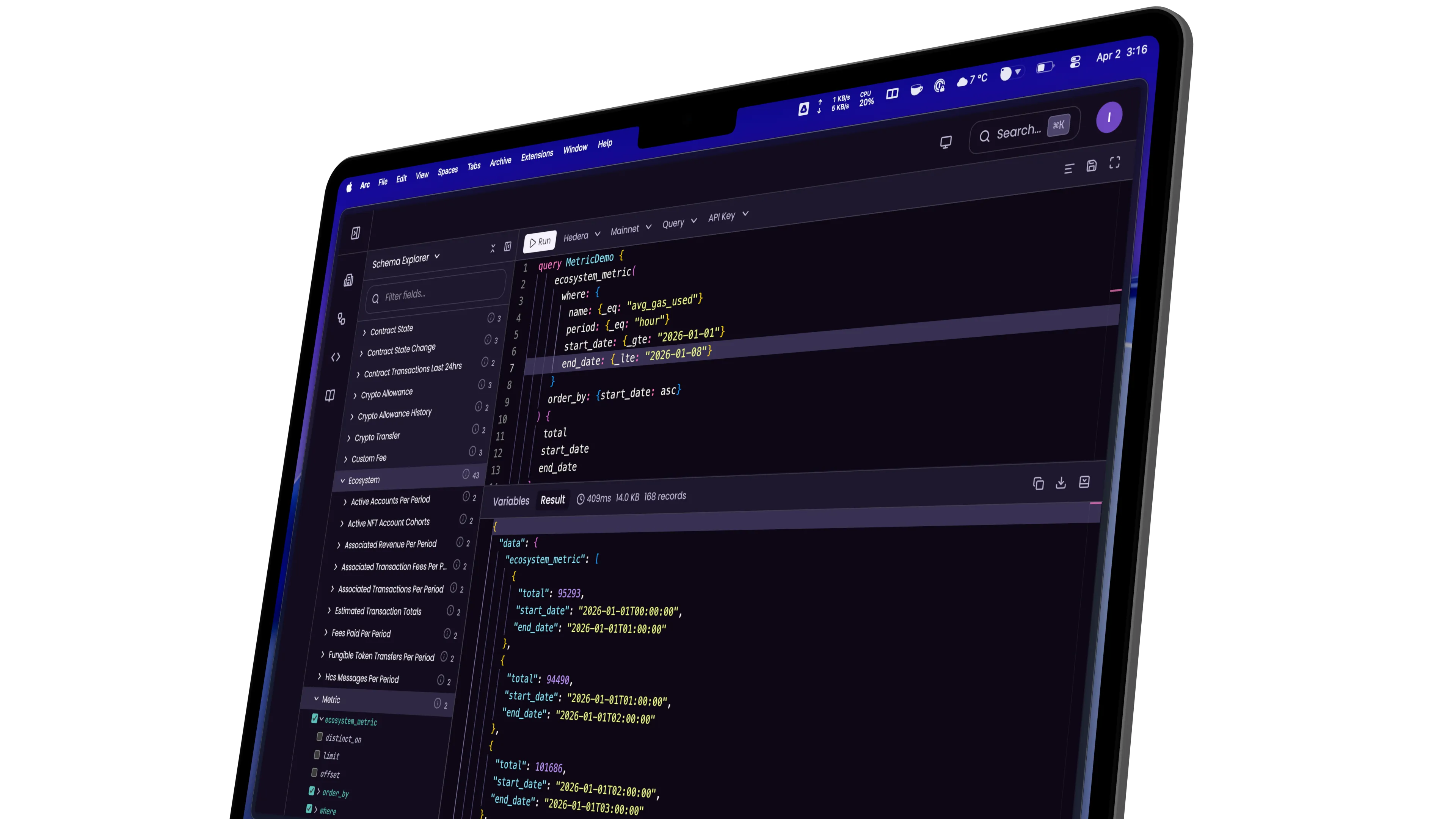 Hgraph dashboard showing API keys, usage analytics, and GraphQL playground