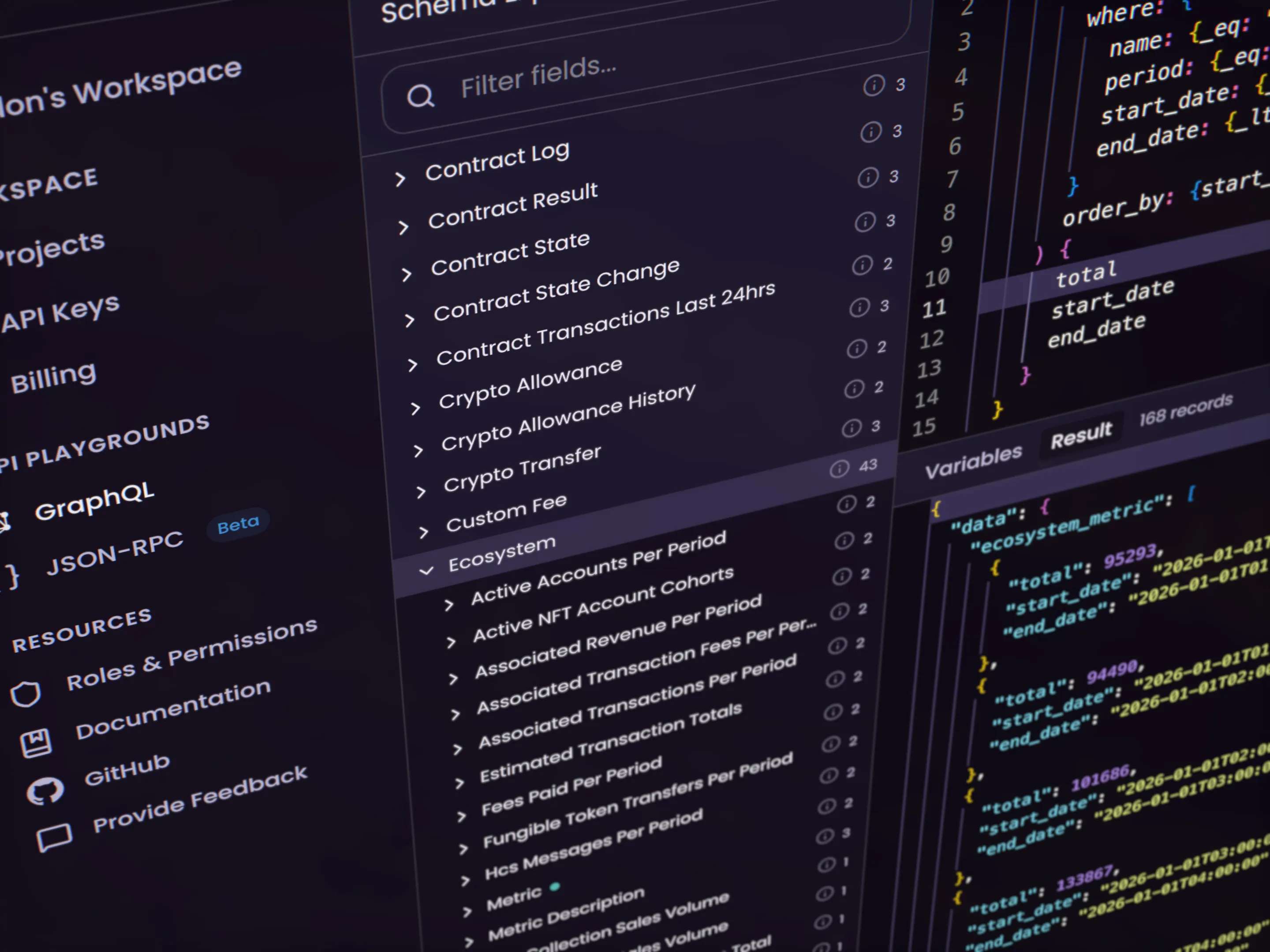 Hgraph platform dashboard showing API keys, usage metrics, and GraphQL playground